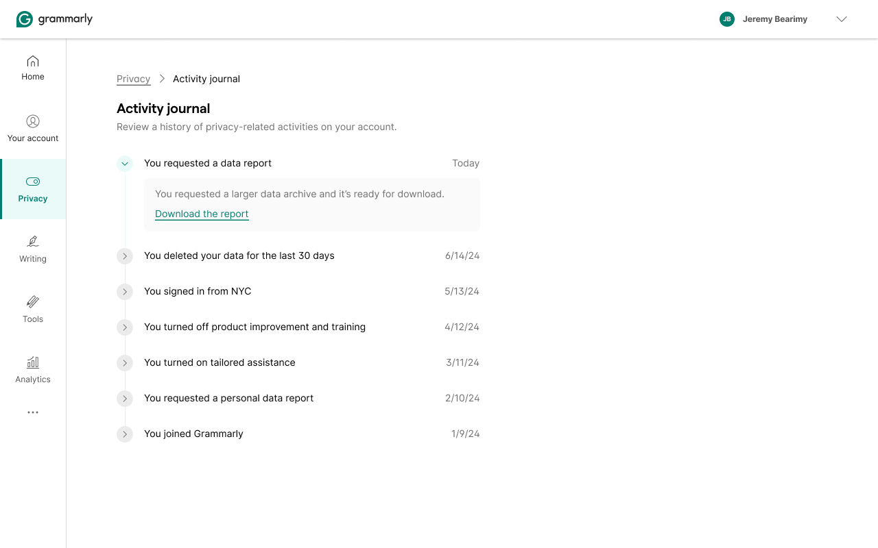 Privacy Hub — activity journal, right to be forgotten made tangible